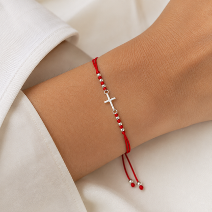 Pulsera Cruz de Plata 925 con Hilo Rojo Regulable